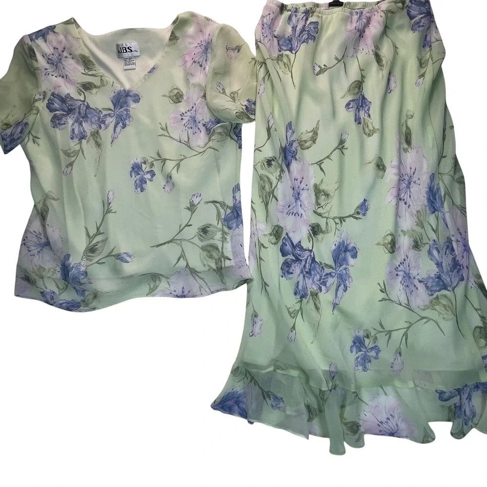 VTG Maxi Skirt 2 Pc Set Women M Floral Fairy Chiffon Lettuce Hem Church Romantic